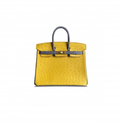 HERMÈS MASTER BIRKIN 25 OSTRICH LEATHER AMBER YELLOW AND AGATE GREY GOLD BUCKLE H041944CK60 (25*20*13cm)